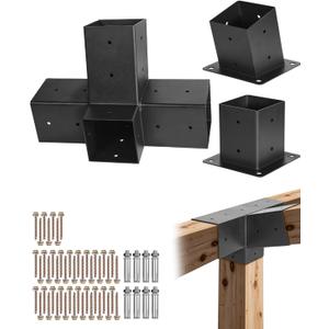 VEVOR Pergola Kit, 4x4 Inch 4-Way Slanted Bracket for 3.5x3.5 Inch Wood Beams in Actual Size, Carbon Steel Pergola Bracket with Post Base and Wall Mount Base, for Outdoor Pergolas, Gazebos, Sheds