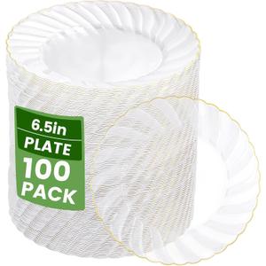 YOUBET 100 Pack Clear Gold Plastic Plates - 6.5 Inch Clear Disposable Plates with Gold Rim - High End Elegant Vintage Dessert Salad Plate for Birthday Parties & Wedding