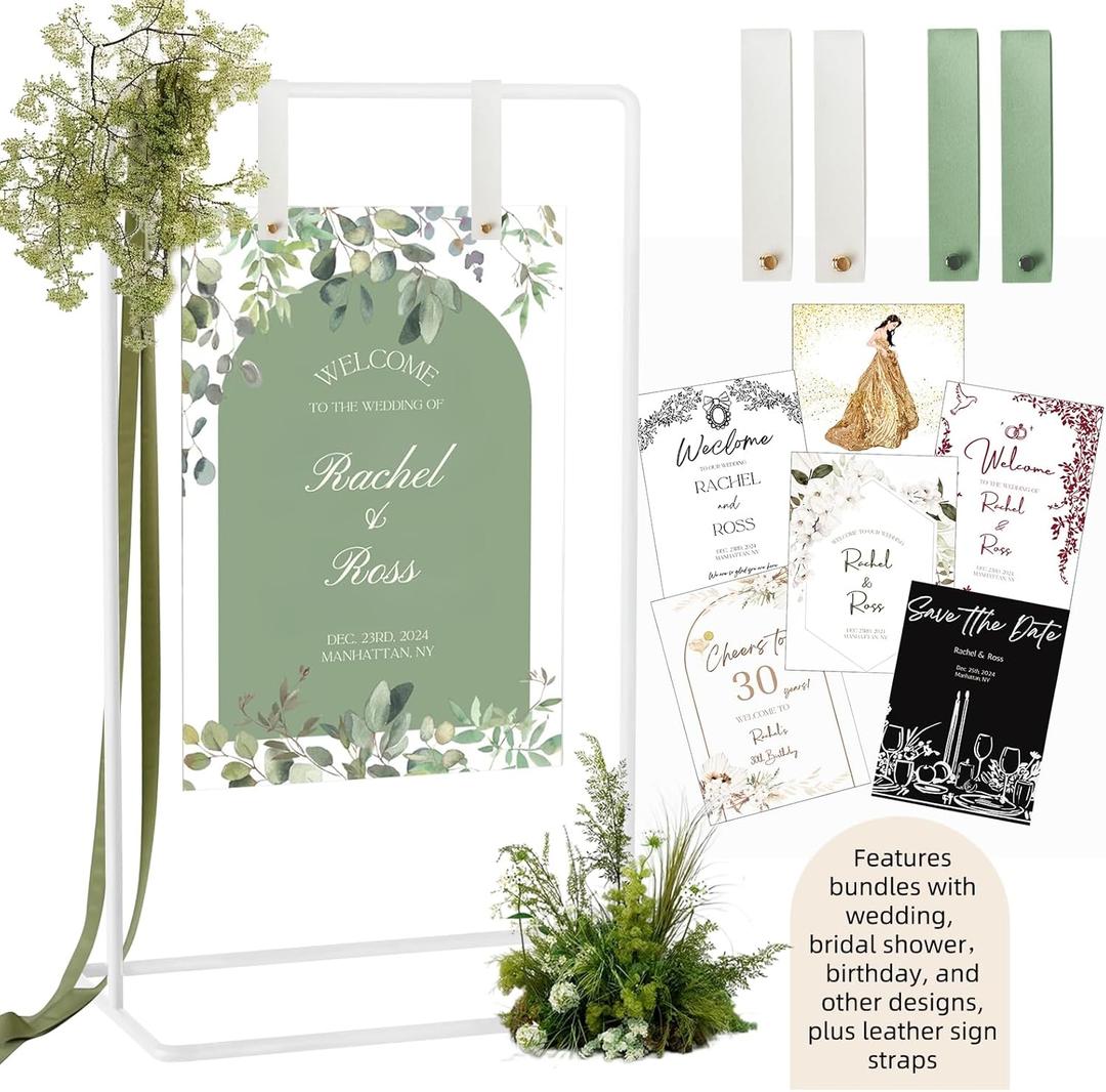 Wedding Sign Holder, Adjustable Welcome to Our Wedding Sign Stand W/Design Bundle & Leather Sign Hanging Straps, Heavy Duty Easel Stand for Sign, Wedding Seating Chart Stand, Easel for Display (White)