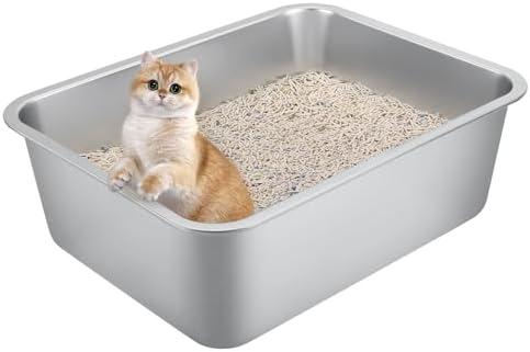 Stainless Steel Cat Litter Box for Large Cats - 17.5"x13.6"x6.1" High-Sided Metal Tray, Anti-Splash & Odor Resistant, Durable Rustproof Design, Easy to Clean 2 Pcs