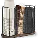 3-Compartment 18oz Coffee Cup Dispenser Rack with Wood Base, Disposable Cup, and Lid Organizer for Countertop - Perfect for Paper Cups, Straws, and Kitchen Cabinet Storage