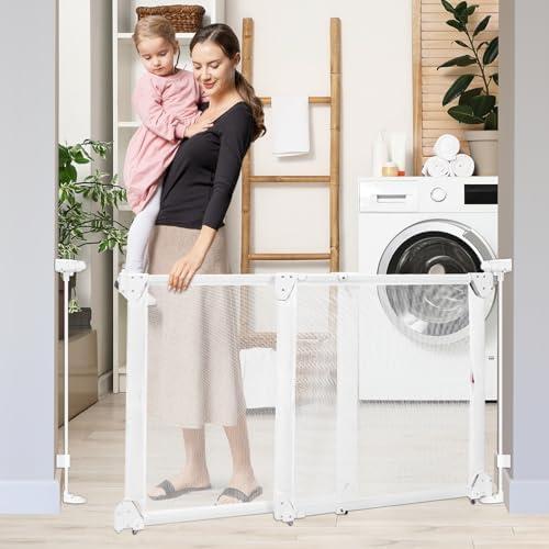 No Bottom Bar Baby Gate for Stairs, 34-55” Adjustable Baby Gate with Large Walk Thru Door, Mesh Dog Gate Indoor/Outdoor, Dual Openings Child Safety Gate for Doorways, White