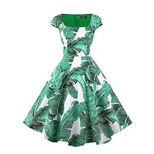 PUKAVT Women's Cocktail Party Dress Cap Sleeve 1950 Retro Swing Dress with Pockets Green Leaves S