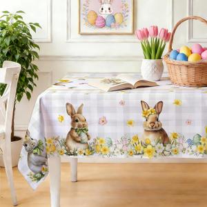 Easter Tablecloth 60x84 Inch Rectangular, Gingham Watercolor Rabbit Daffodil Basket Gold Trim Eggs Washable Stain-Resistant Table Cover for Party Picnic Dinner Spring Decor