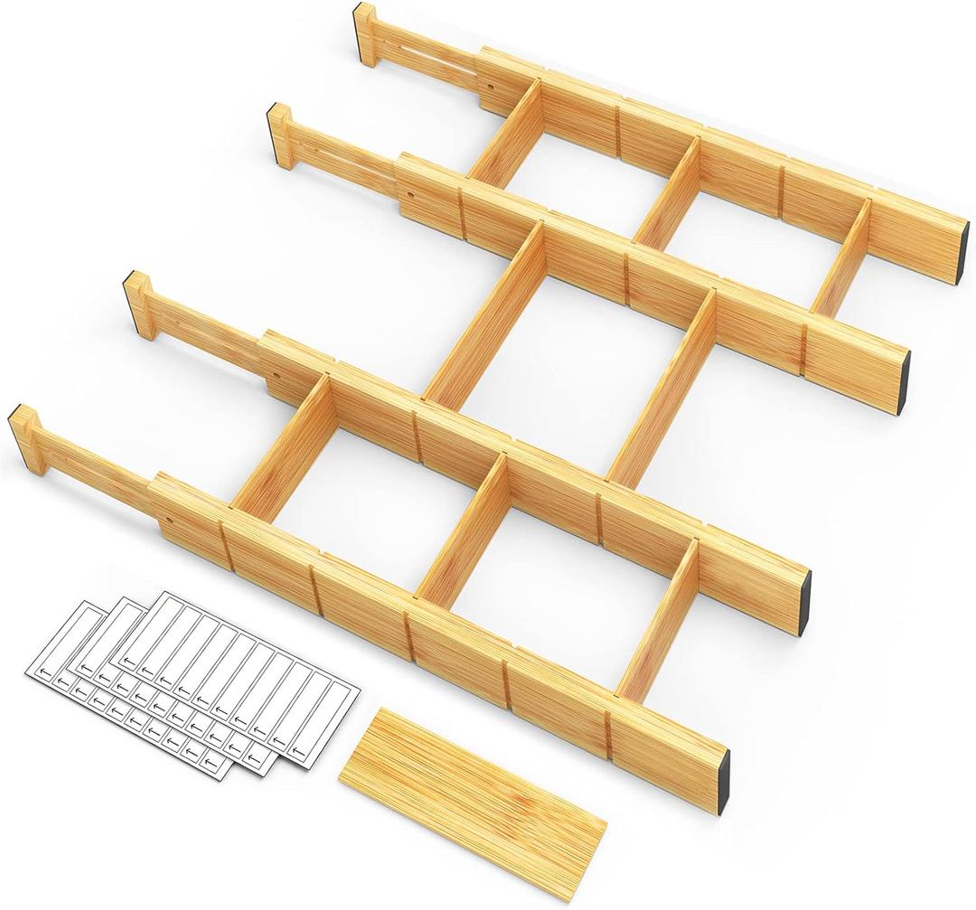 SpaceAid Bamboo Drawer Dividers with Inserts and Labels, Kitchen Adjustable Drawer Organizers, Expandable Organization for Home, Office, Dressers, 4 Dividers with 9 Inserts (17"-22" Natural)