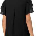 Lotusmile Womens Dressy Chiffon Blouses Summer Puff Petal Short Sleeve Shirts V Neck Casual Work Tops (Black, XL)