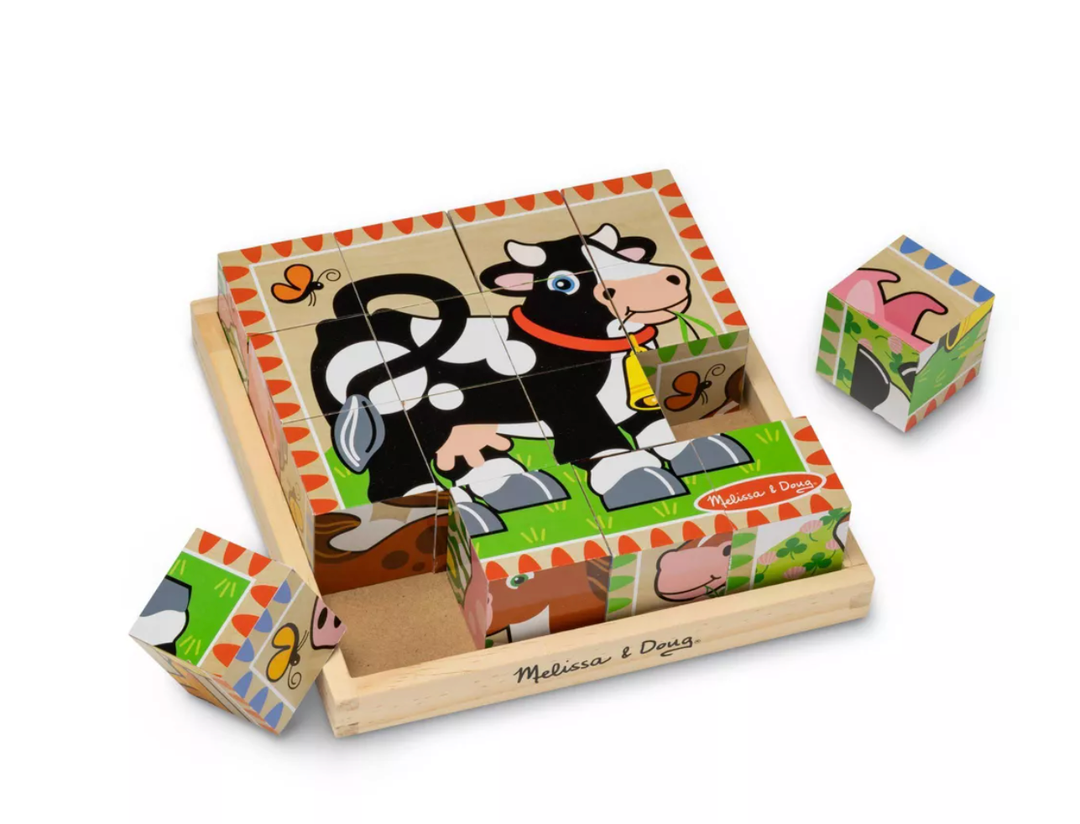 Melissa & Doug Farm Wooden Cube Puzzle With Storage Tray - 6 Puzzles in 1 (16 Blocks): Educational Fine Motor Skills, Nature Animal Theme