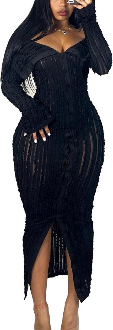 Sexy Button Down Dresses for Women Date Night Off Shoulder See Through Mesh Ruffle Bodycon Maxi Dress (Large, 0279-black)