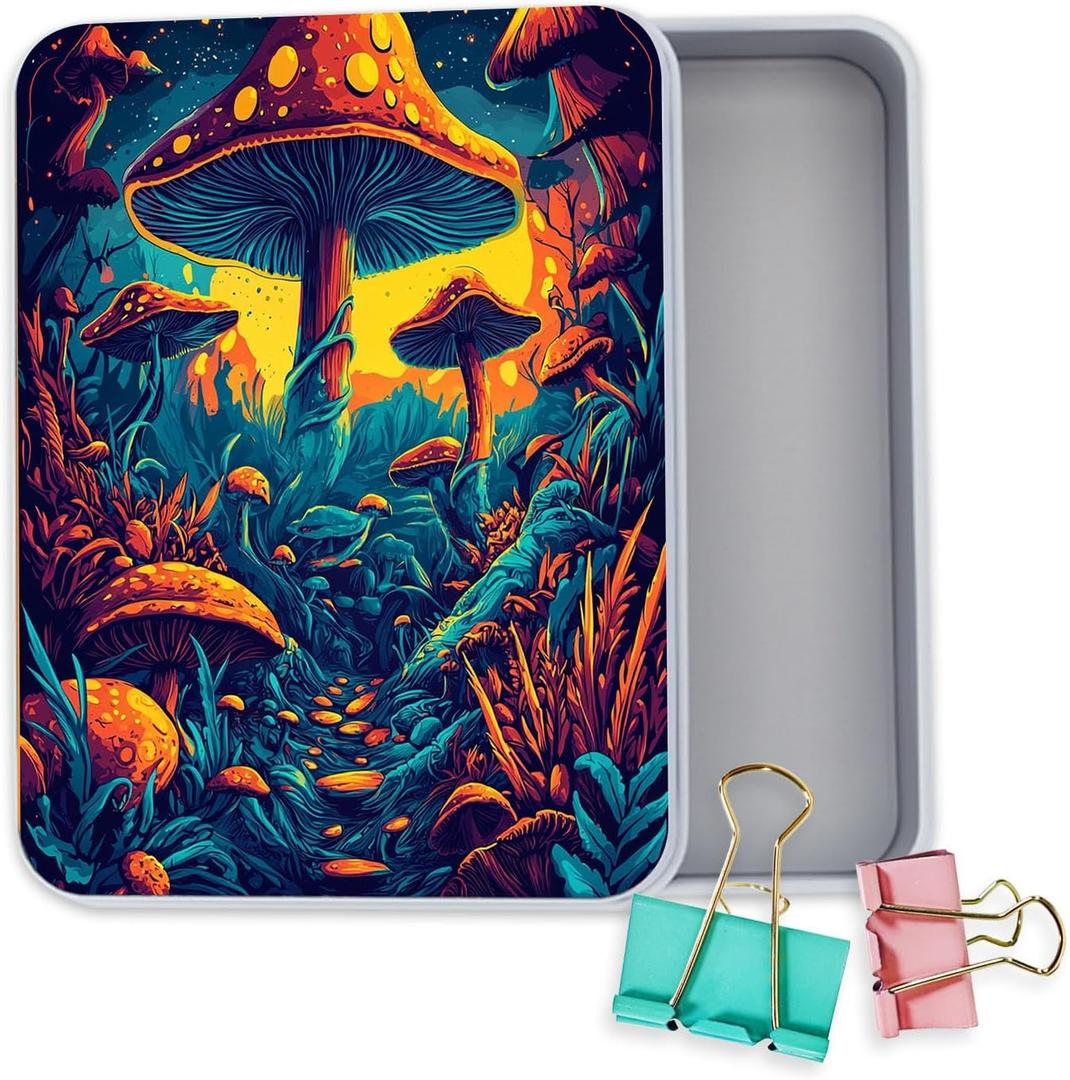 Metal Tin Box with 2 Paper Clamp, Multi Function Tinplate Box Container, Cute Mini Portable Small Iron Storage Container with Lid for Home Storage, 5 x 3.7 IN, Mushroom World