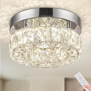 LEONTYNE 7.9 inch Dimmable Modern Crystal Chandeliers Mini LED Ceiling Light Fixtures Stainless Steel Flush Mount Ceiling Chandelier Light for Bedrooms Foyer Hallway Closet (Remote Control)