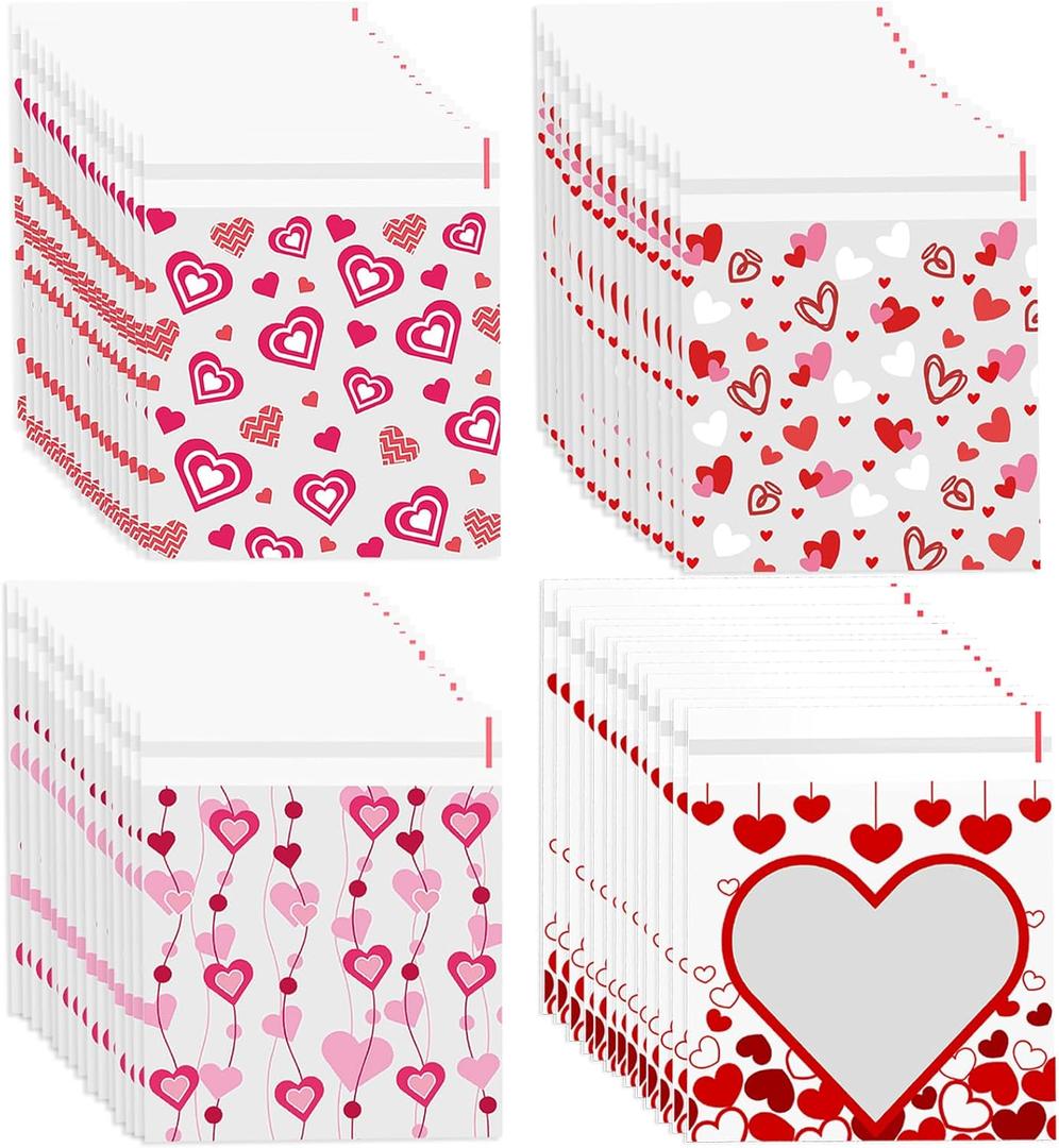 FOIMAS 400pcs Valentine's Day Cellophane Treat Bags Self Adhesive Heart Candy Cookie Gift Bags for Valentine's Day Party Supplies