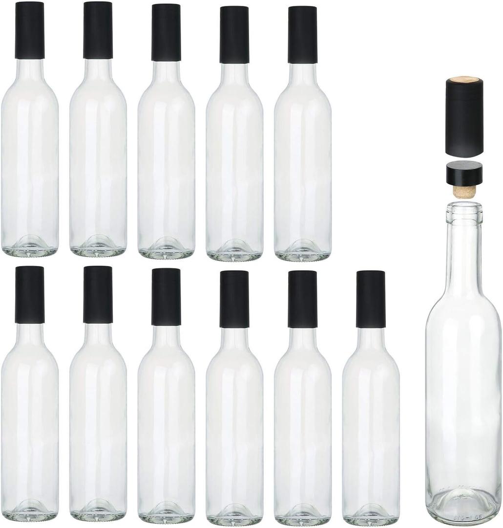 12 oz Glass Bottles With Cork Lids,Home Brewing Wine Bottles With Caps and Shrink Capsules,Clear Wine Making Bottle For Sparkling Wine,Kefir,Juice,Beverages,Leak Proof,Dishware Safe,12Pack