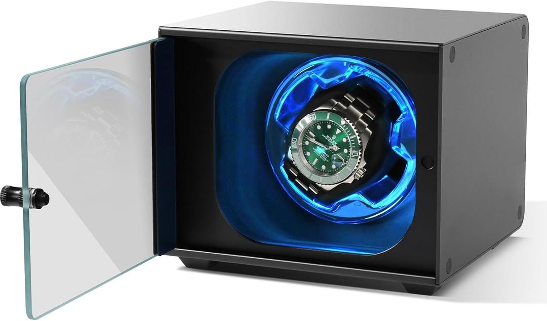 Watch Winder, Aluminum Single Automatic Watch Winder with Ultra Quiet Motor(0dB),Self-Winding Metal Watch Winder for Rolex and More,Blue Light,Side Open Glass Door,Gift for Watch Lovers (Black aluminum alloy)