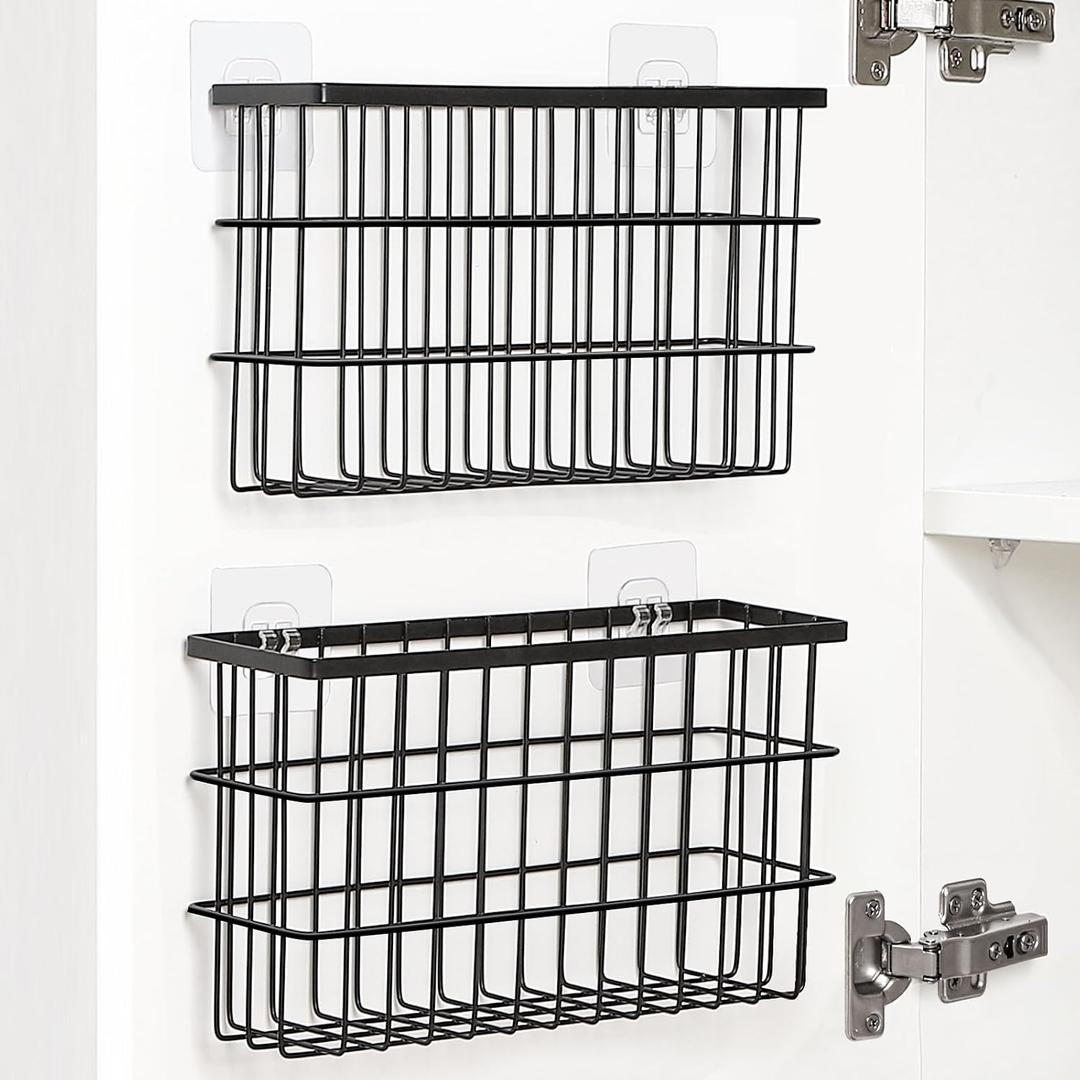 Sinnsally 2 Pack Cabinet Door Organizer,Self Adhesive Lid Organizers Inside Cabinet Storage Boxes,Hanging Storage Basket Organizer Wall Mounted Pantry Caddy Cup Holder for Kitchen,Fridge,Bathroom