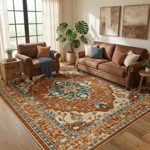 RELEANY Area Rugs 5'x7' Washable Non-Slip, Floral Vintage Distress Print Pattern Medallion Carpet for Living Room Bedroom Dining Room, Red Orange Blue Brown
