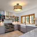 SGLfarmty 15.7" Black Drum Chandelier, 3-Light Semi Flush Mount Ceiling Drum Light Fixture with White Fabric Shade, Farmhouse Hanging Pendant Light for Dining Room Kitchen Island Bedroom