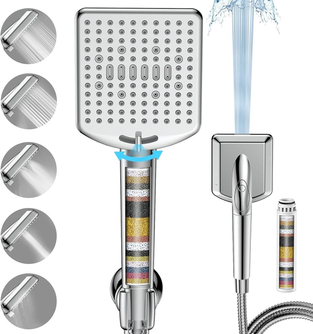 Filtered Shower Head with Handheld - High Pressure 6 Modes, 120 Anti-clog Nozzles, Detachable Showerhead with Hard Water Filters, Extra Long 6ft Hose, Power Wash Mode to Clean Bathroom, Pets (Chrome)