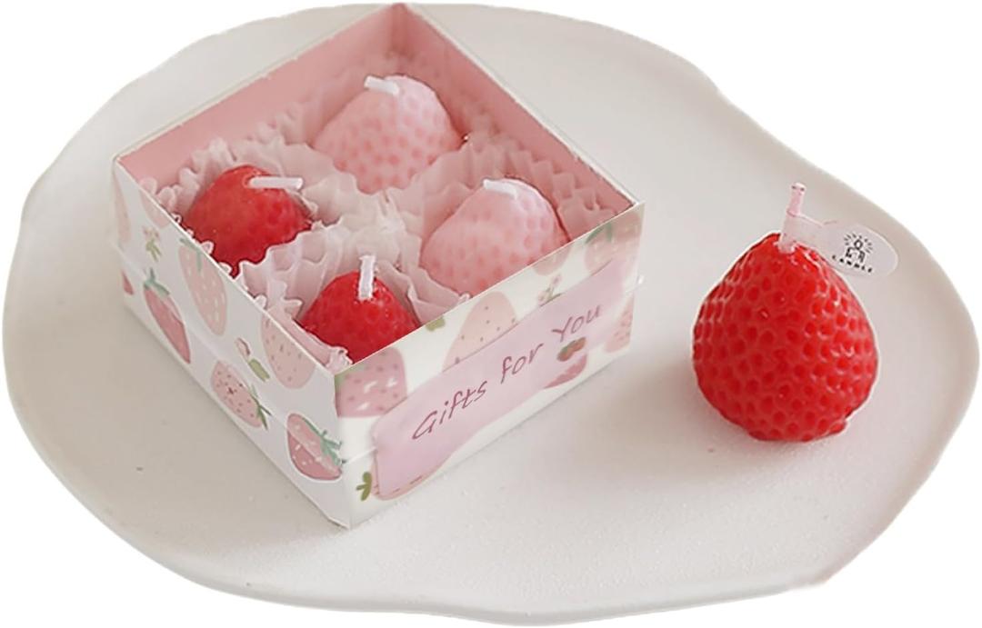 Strawberry Candles Sets for Home Kitchen,Gifts for Women,Party Home Decor,Birthday Wedding Decorative - Soy Wax Scented Candle for Spa Stress Relief,4 Packs (Red&Pink)