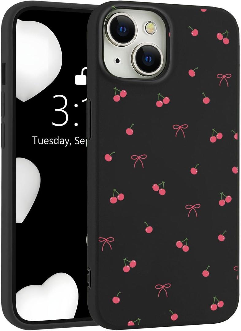 For iPhone 14 Case, Cute Kawaii Cherry Bow Black Liquid Silicone Phone Case Slim Fit Soft Gel Rubber Protective Phone Cover for Women Girls