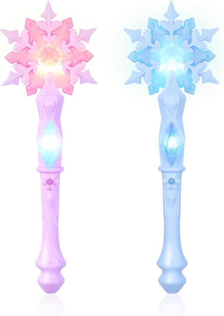 TOYANDONA 2pcs Light Up Snowflake Wands - Light Up Glow Princess Wands with Sound for Kids Girls Princess Birthday Party Cosplay Costume Accessories