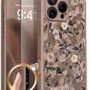 GVIEWIN for iPhone 16 Pro Case Compatible with MagSafe, [Military Grade Protection] [Screen Protector] Full Camera Protection Floral Translucent Women Magnetic Phone Case, Apricot Blossom/Brown