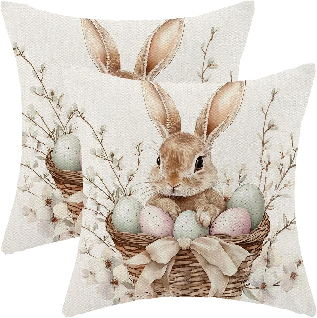 AEIOAE Easter Pillow Covers 18x18 Inch Set of 2,Cute Rabbit Bunny Throw Pillows Case,Pink Green Eggs Holiday Spring Outdoor Decor Cushion Covers Farmhouse Outdoor Decor for Sofa Bed