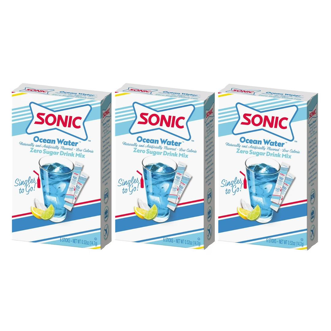 Sonic Singles To Go Powdered Drink Mix, Ocean Water, 6 Sticks Per Box, 3 Boxes Included (18 Sticks Total) (BBD: July 2027)