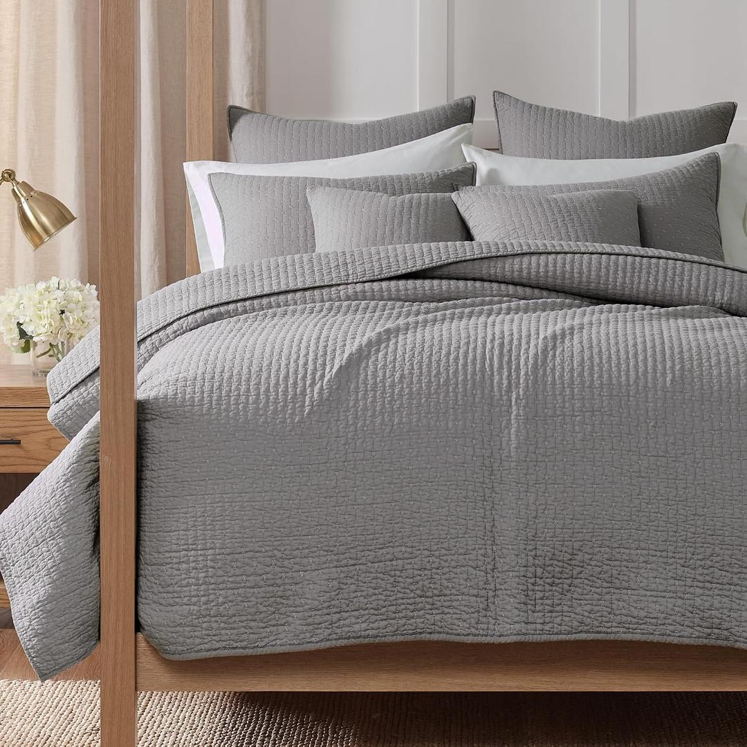 Levtex Home Cross Stitch Reversible King/Cal King Quilt Set (106x92in) and 2 Pillow Shams (36x20in) - Stitch Texture - Light Grey - Cotton King Size Quilt Bedding Set - Lightweight, Soft, Pre-Washed