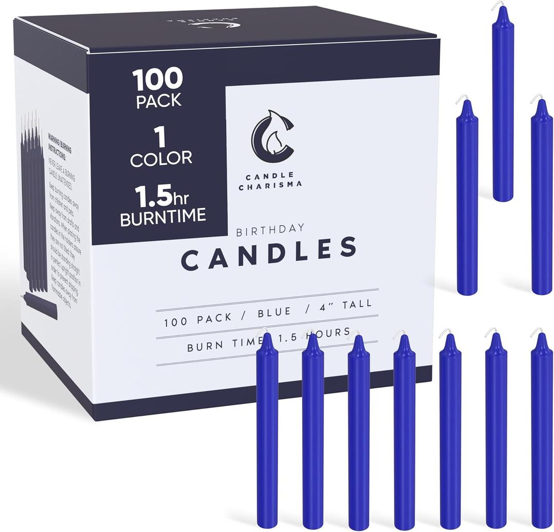 Candle Charisma 100 Blue Spell Candles - 4" Unscented Paraffin Chime Candles, Smokeless & Dripless, Colored Candles, 1.5 Hours Burn Time 0.4" Thick Taper Candles for Rituals, Witchcraft and Parties