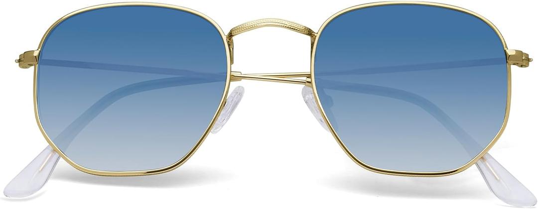 Polarized Sunglasses for Womens Men Trendy Square Hexagonal Flat Mirrored Sun Glasses UV Protection (A08-gold/Gradient Blue/Clear)