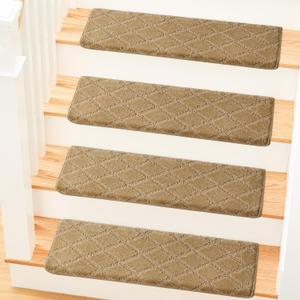 MBIGM Bullnose Carpet Stair Treads Non Slip Stair Mats for Wooden Stairs (14, Camel - Diamond, 9.5" x 30")