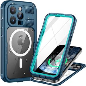 Lanhiem Magnetic for iPhone 15 Pro Case, IP68 Waterproof Dustproof Case, [Compatible with Magsafe] [Built-in Screen Protector] Full Body Heavy Duty Rugged Phone Cover 6.1 inch, Blue/Clear
