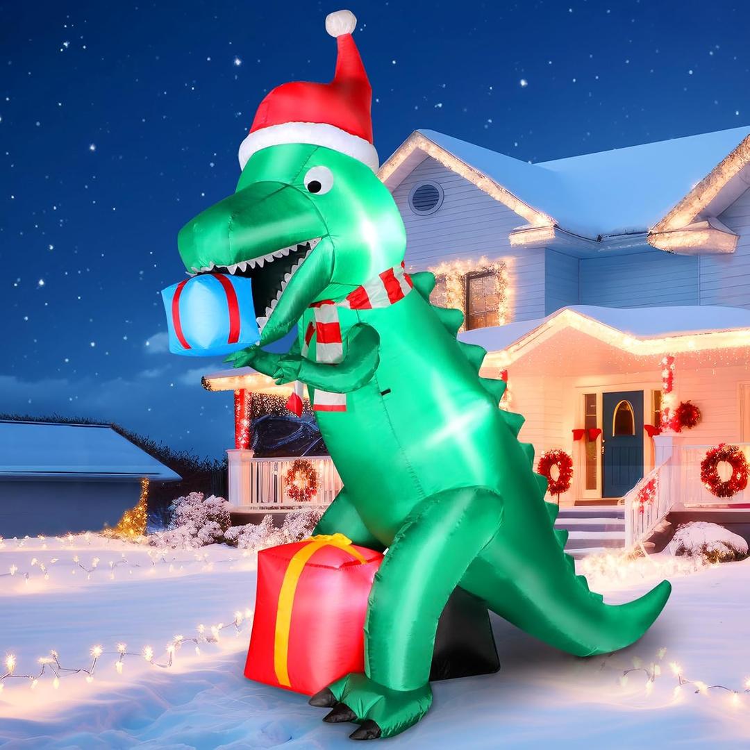 7 FT Christmas Inflatables Dinosaur Outdoor Yard Decoration, Christmas Blow Up Giant Dinosaur Holding Gift Boxes with Built-in Bright LED Lights for Xmas Holiday Garden Lawn Yard Party Decor