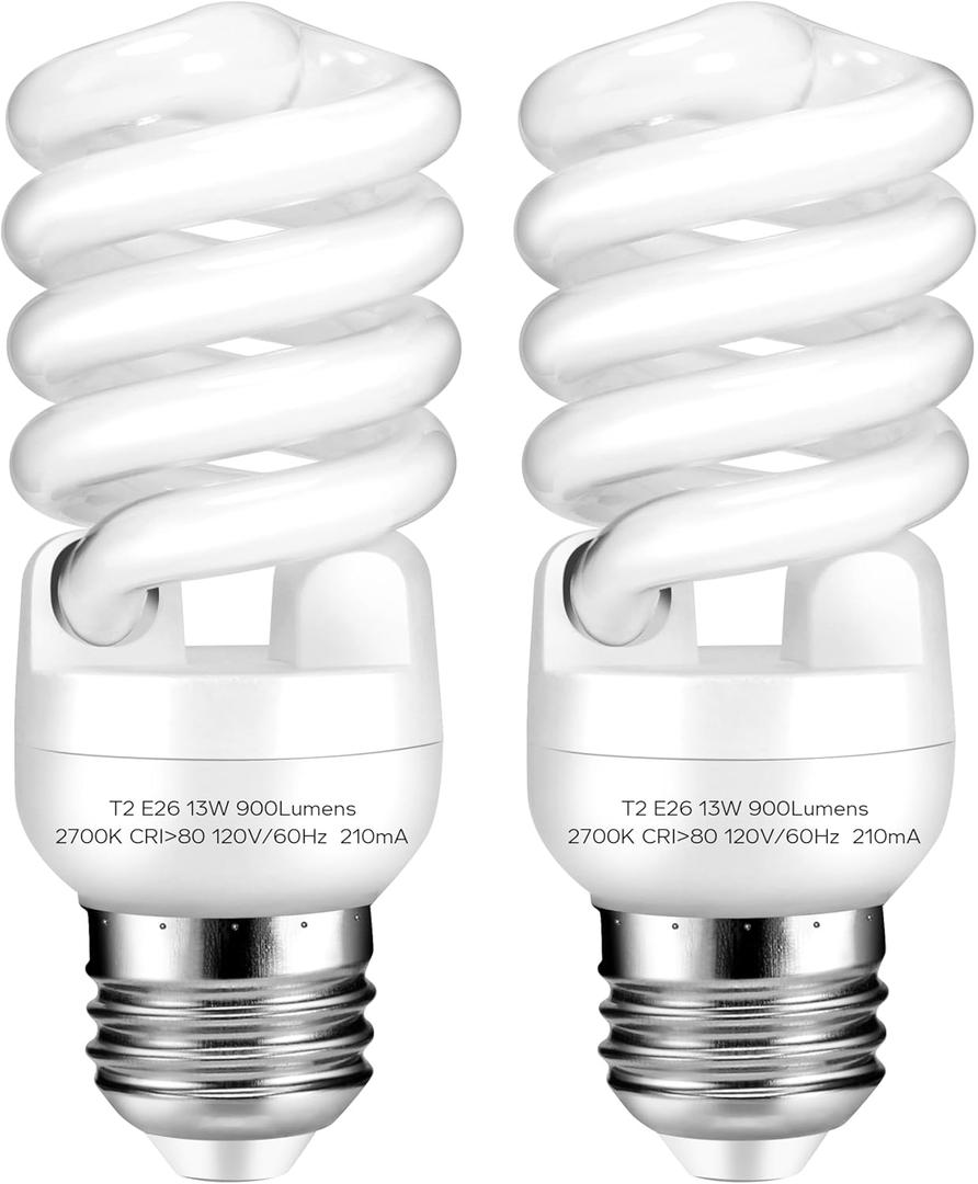 E26 Base 13W 2700K 900lm CFL Light Bulbs, T2 Spiral (60Watt Equivalent) Soft White Compact Fluorescent Light Bulbs, UL Approved, 120v 60Hz, Self Ballasted, Indoor Use (2 Pack)
