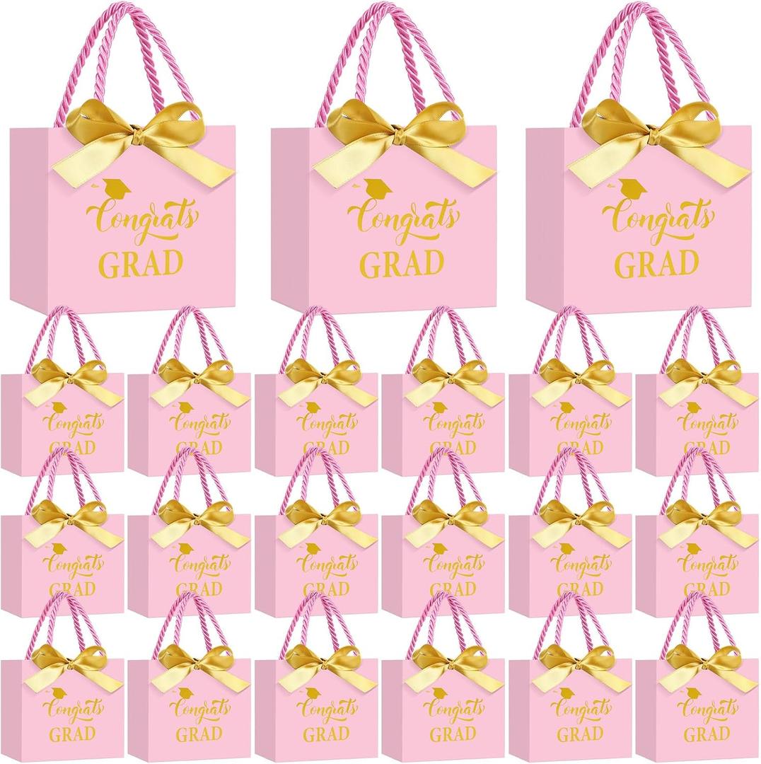 Moinchore 30 Pcs Graduation Gift Bags Bulk 5.5 x 4.7 x 2.5'' Small Rose Gold Class of 2026 Treat Bags with Handles Bow Ribbon Congrats Grad Paper Party Favor Decorations for College High School