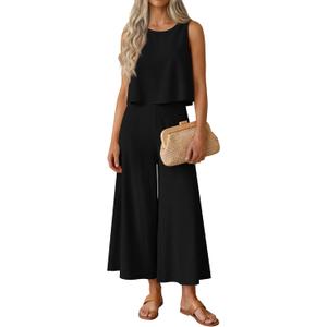 JoyMotion Womens 2 Piece Linen Set Summer Outfits Crew Neck Sleeveless Crop Tank Top Wide Capri Pants Lounge Boho Travel Set (Small,Black)