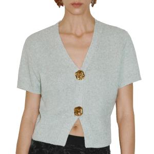 URBAN REVIVO Women's Cardigan Sweaters Short Sleeve V Neck Gold Button Down Cropped Knit Casual Summer Tops Grey, XS