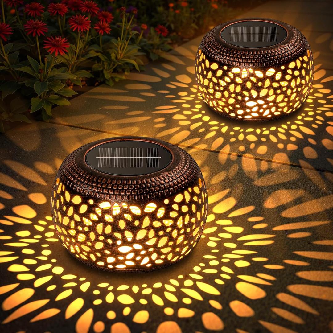 Solar Lanterns Outdoor Waterproof: 2 Pack Hollow Out Retro Metal Solar Lights - Decorative Atmosphere Table Lantern - Gifts for Women Mother's Day Garden Yard Patio Outside & Indoor Tabletop Decor (Copper)