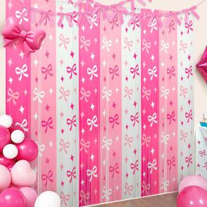 3 Pack Pink Bow Foil Fringe Curtains Bow Metallic Tinsel Streamers 3.3 X 6.6 ft Pink Tinsel Streamer Party Photo Backdrop for Bridal Shower Wedding Favors Coquette Birthday Girl Bows Theme Party Decor