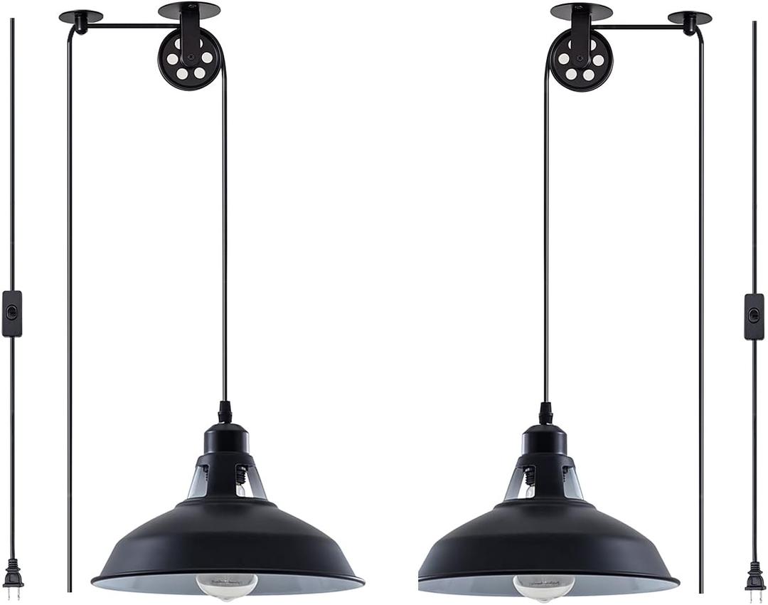 Plug in Pendant Light Industrial Pulley Pendant Lamp E26 Vintage Hanging Light Fixture With 16.4ft Cord On/Off Switch For Pool Table,Houseplant Grow lights,Kitchen Island,Sink 2 Pack Black