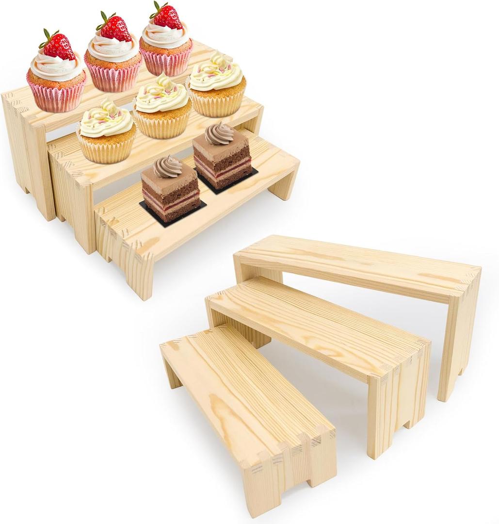 4-Piece Wood Display Risers Set -Rectangular Stands, Layered Aesthetic Shelves for Cupcakes, Jewelry, Craft Displays, Ideal for Funko Pops, Tabletop Exhibits, & Vendor Displays