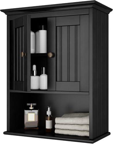 Treocho Wood Wall Cabinet Bathroom Medicine Cabinet Storage with Doors and Adjustable Shelf Wall Mount for Bathroom, Livingroom, Kitchen, Cupboard, Black