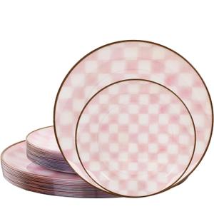 U-QE 20PCS Pink Plastic Plates for Party - Retro Checkered Plates Disposable Heavy Duty - White and Pink Plate for Party, Birthdays - 10 10.25 Inch Dinner and 10 7.5 Inch Dessert Plate