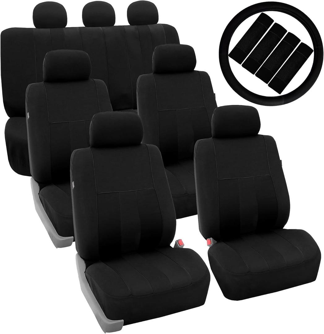 FH Group Three Row Combo Set Striking Striped 7 Seater Car Seat Covers with Steering Wheel Cover and Seat Belt Pads - Universal Fit for Most Cars, Trucks, SUVs or Vans Black FH Group Three Row Combo Set Striking Striped 7 Seater Car Seat Covers with Steering Wheel Cover and Seat Belt Pads - Universal Fit for Most Cars, Trucks, SUVs or Vans Black
