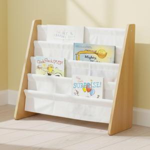 Humble Crew 4-Tier Kids Bookshelf, Grey Wood/White - Premium Book Shelf for Kids Rooms with Four Deep Pockets - Toddler Sling Book Rack with Deep Sleeves, Nursery Bookcase Organizer, Natural Wood/White