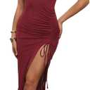 SweatyRocks Women's Halter Backless Sexy Midi Dress Chain Bodycon Party Cocktail Dresses with Slit (Medium, Burgundy)