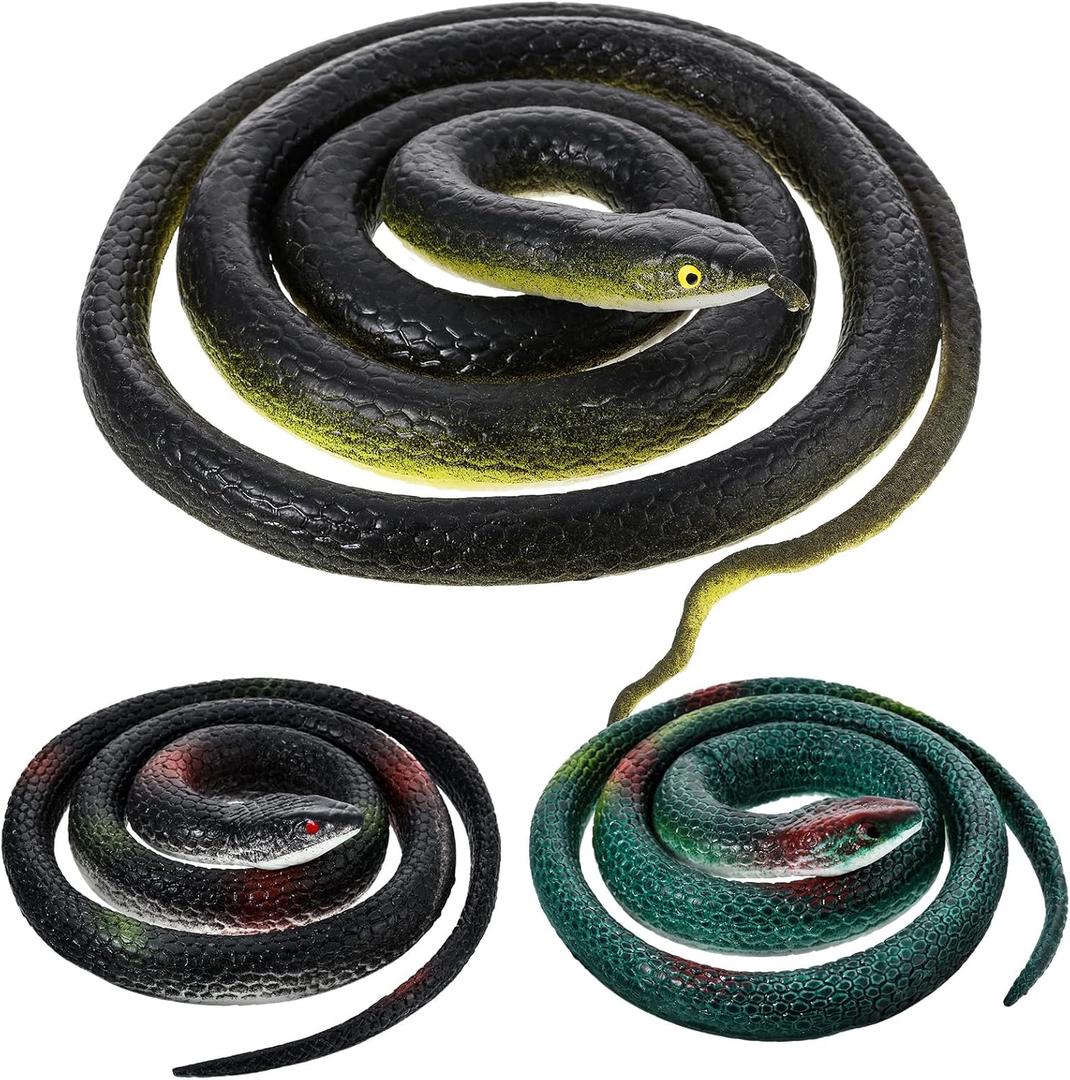 Blulu 3 Pieces Rubber Snakes Realistic Large Lifelike Fake Toys Plastic Garden Snake to Keep Birds Away Scare Squirrels Halloween Prank Props Scare Toy(Classic Style)