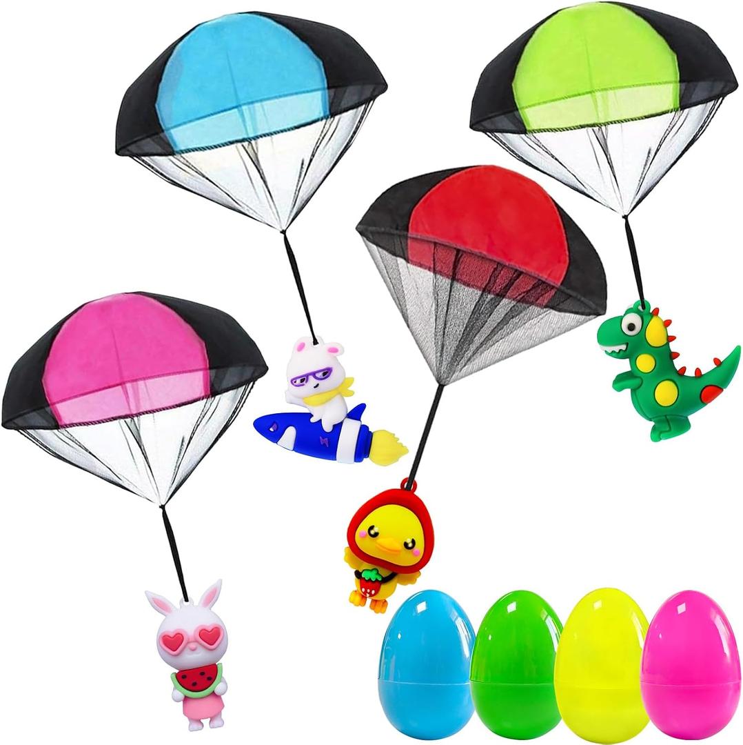 Easter Basket Stuffers Essentials, Easter Egg Fillers - 4PCS Prefilled Easter Eggs with Parachute Toys for Teens Kids Boys & Girls, Easter Party Favors Gifts, Egg Hunt, Treasure Box Toys for Classroom