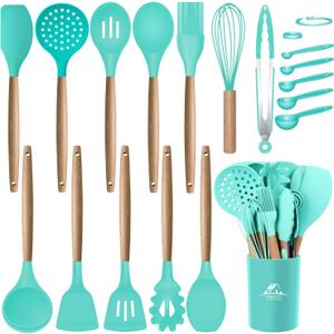 MIBOTE Silicone Cooking Kitchen Utensils Set with Holder, Wooden Handles Cooking Tool BPA Free Turner Tongs Spatula Spoon Kitchen Gadgets Set for Nonstick Cookware (Teal) (Green)