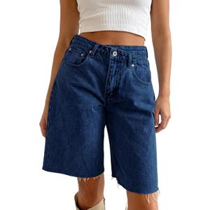 PLNOTME Womens Crossover Denim Shorts Summer Asymmetrical High Waisted Straight Leg Jean Shorts
